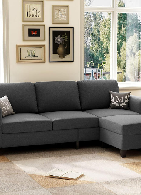 78-Inch Dark Grey Convertible L-Shaped Sectional Sofa with Storage Ottoman in Pet-Friendly Linen Fabric, Perfect for Small Spaces and Apartments