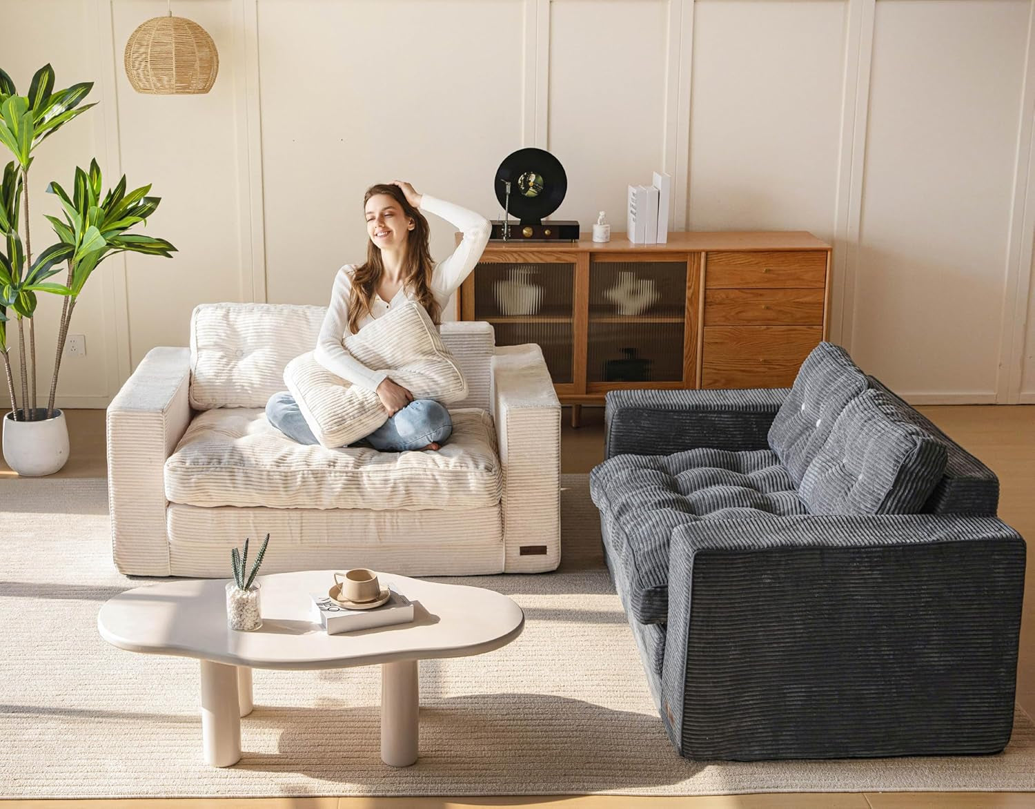 Convertible Sofa Bed, Pull Out Loveseat Sleeper Sofa, 2 in 1 Folding Couch Bed, Fold Out Floor Couch with Pillows for Living Room Bedroom Lounge, Dark Grey