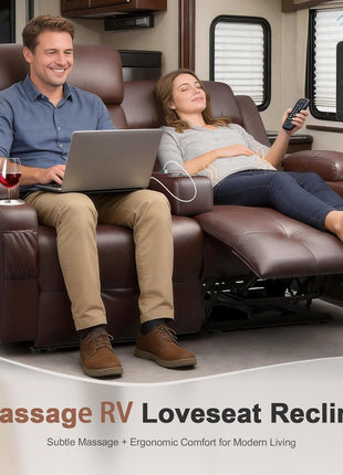 Reclining Loveseat Sofa for RV and Living Room, 55.1" Wall-Hugging Design in PU Leather with USB-A and Type-C Charging Station and Cup Holders, Dual Manual Recliners