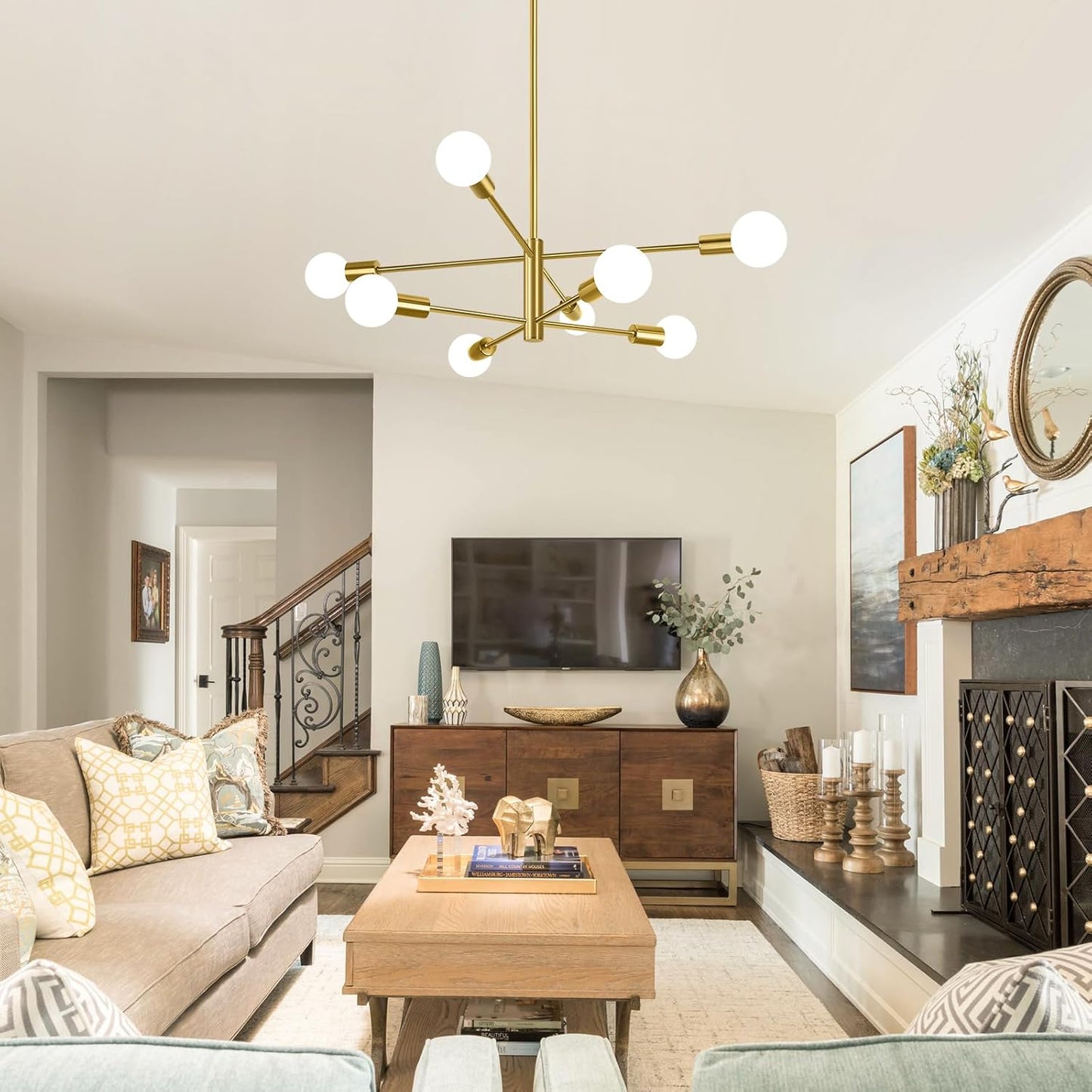 8-Light Modern Sputnik Chandelier, Mid Century Gold Chandeliers Lighting, Farmhouse Ceiling Hanging Light Fixture for Dining Room Bedroom Living Room Kitchen Foyer, Height Adjustable