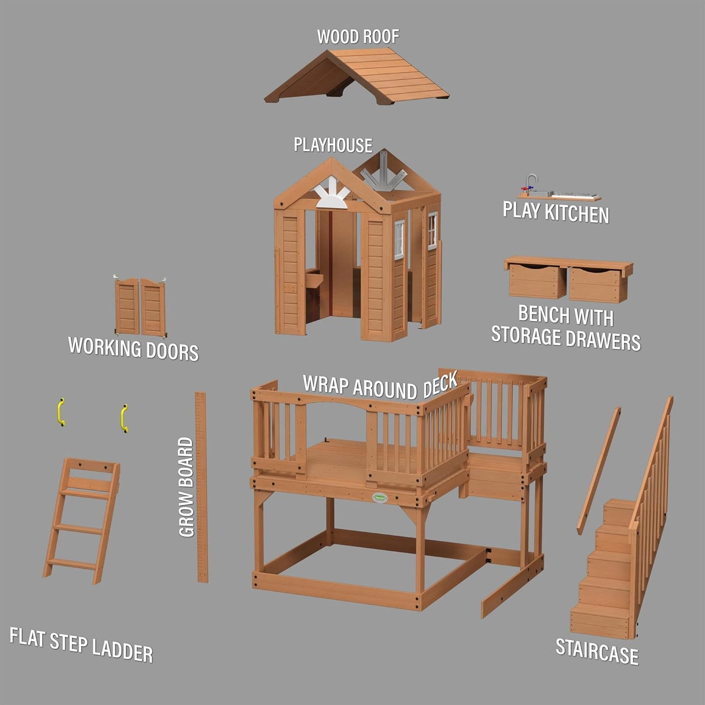 Scenic Heights Elevated Cedar Wooden Kids Playhouse with Play Kitchen, Wrap-Around Deck, Toy Storage Bench, Saloon-Style Doors, Ladder, Stairs, and Growth Chart for Outdoor Play