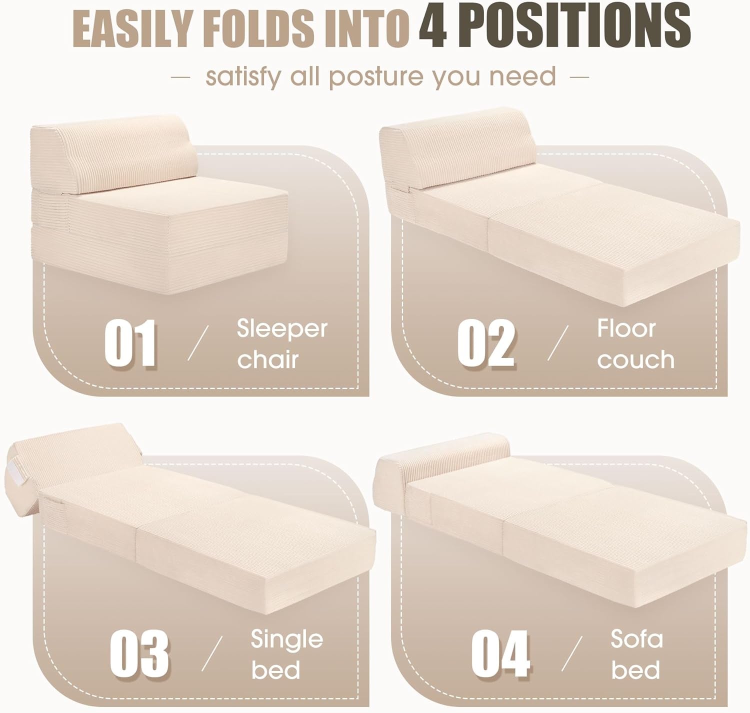 Folding Sofa Bed with Pillow, Memory Foam Fold Out Chair Bed, Convertible Sleeper Chair with Washable Cover, Futon Floor Couch for Living Room/Dorm/Guest Use/Home Office/Apartment, Beige