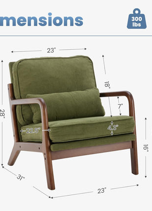 Mid-Century Modern Accent Chair with Armrests and Lumbar Support Cushion, Perfect for Living Room and Bedroom, Durable Wooden Frame, Elegant Green Finish