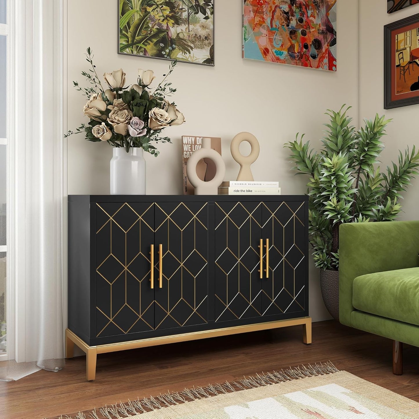 47.8" Storage Accent Cabinet with 4 Doors, Modern Sideboard Buffet Cabinet with Gold Lines, Wood Decorative Credenza with Storage for Living Room, Kitchen, Dining Room, Entryway, Black