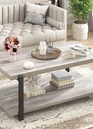 Modern Rustic Coffee Table with Storage Shelf - Industrial 2-Tier Rectangle Design in Light Grey for Living Room