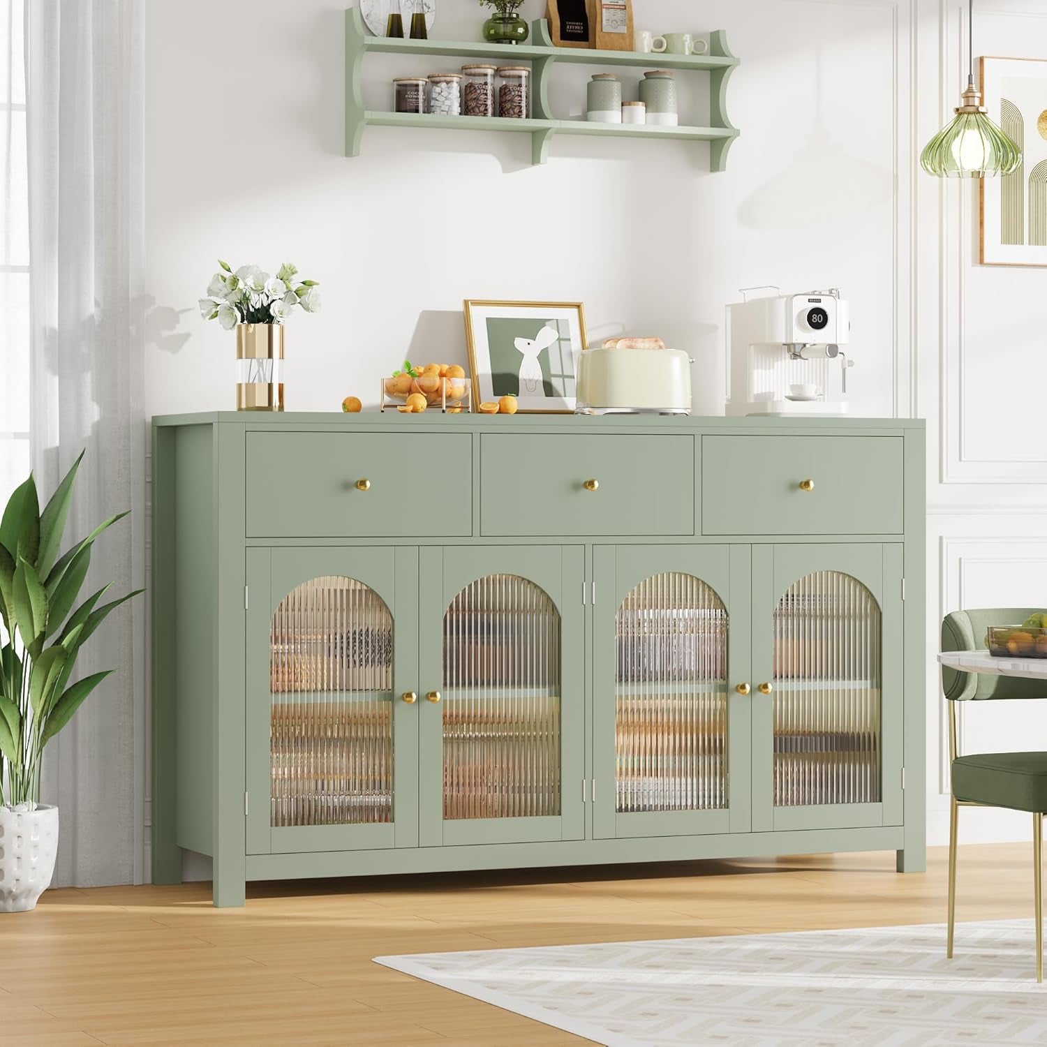 Buffet Cabinet with Storage, 55.1" Large Sideboard Buffet, Farmhouse Kitchen Cabinet with 3 Drawers and 4 Doors, Wood Coffee Bar Table for Kitchen, Green