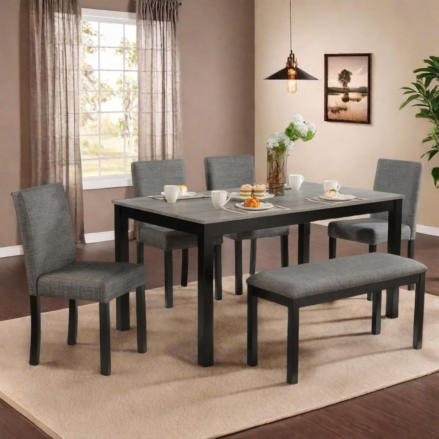 Dining Table Set for 5, Modern 6 Piece Dining Room Table Set with Rectangular Table 4 Upholstered Backrest Chairs and a Bench, Counter Height Kitchen Sets with Wood Grain Surface, Black