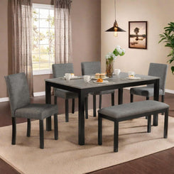 Dining Table Set for 5, Modern 6 Piece Dining Room Table Set with Rectangular Table 4 Upholstered Backrest Chairs and a Bench, Counter Height Kitchen Sets with Wood Grain Surface, Black
