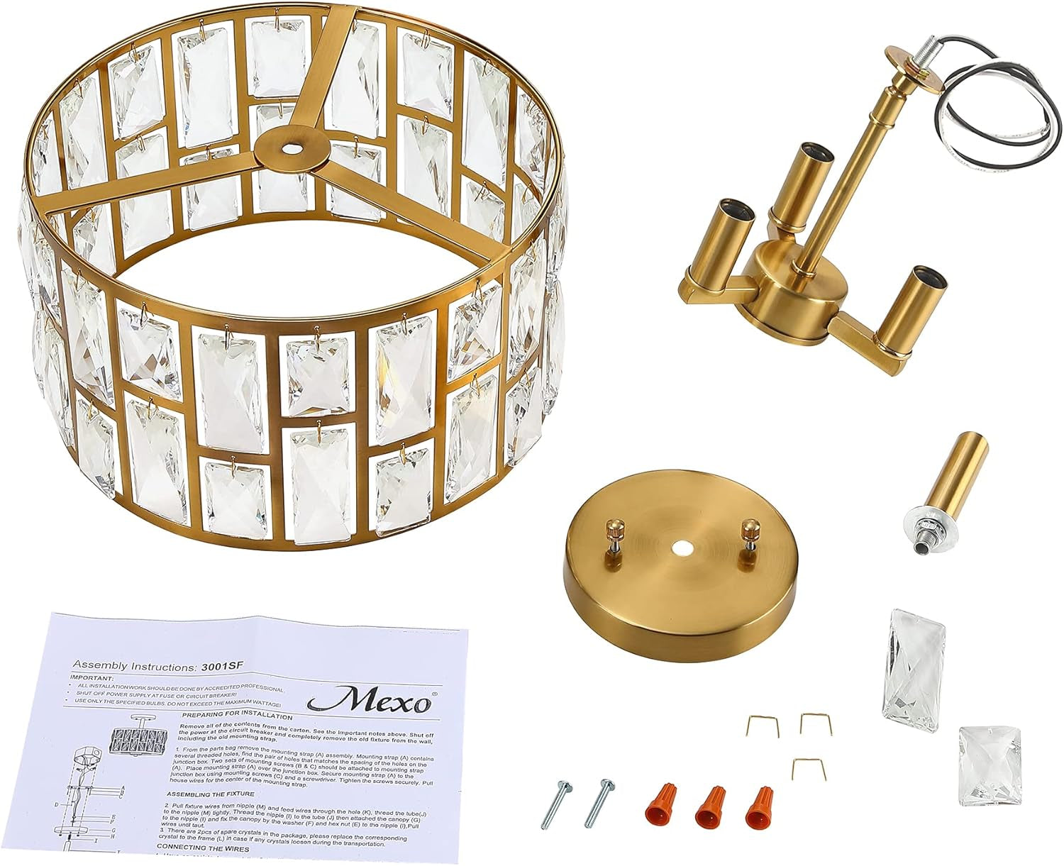 Gold Finish 3LT Crystal Semi Flush Mount Ceiling Light Fixture, Cylinder Drum Shade, Close to Ceiling, Perfect for Kitchen, Dining Room, Bedroom, Living Room, Entryway, Foyer