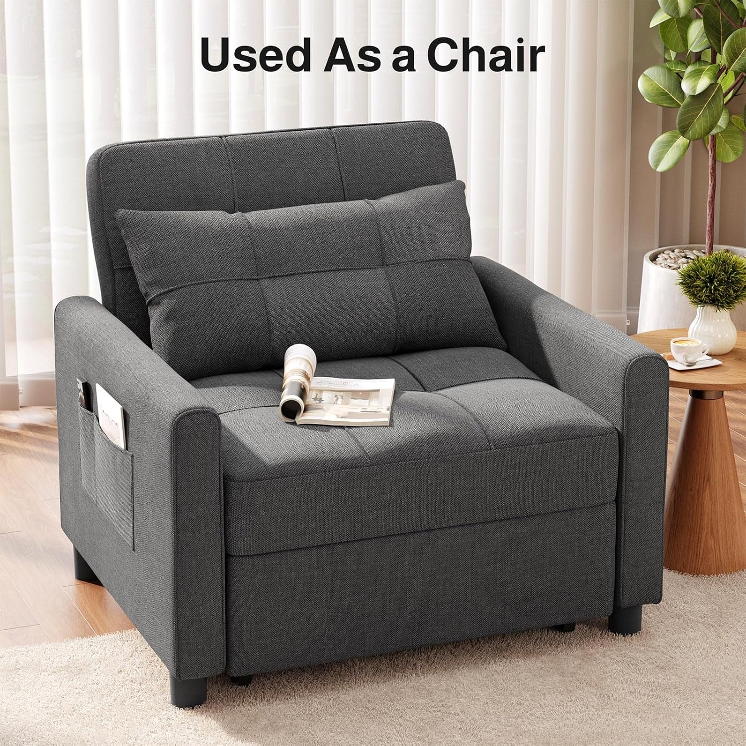 Convertible Sofa Bed, 3-In-1 Multi-Functional Sleeper Chair Bed, Adjustable Backrest Recliner with Modern Linen Fabric for Living Room Bedroom Apartment Small Space, Dark Grey