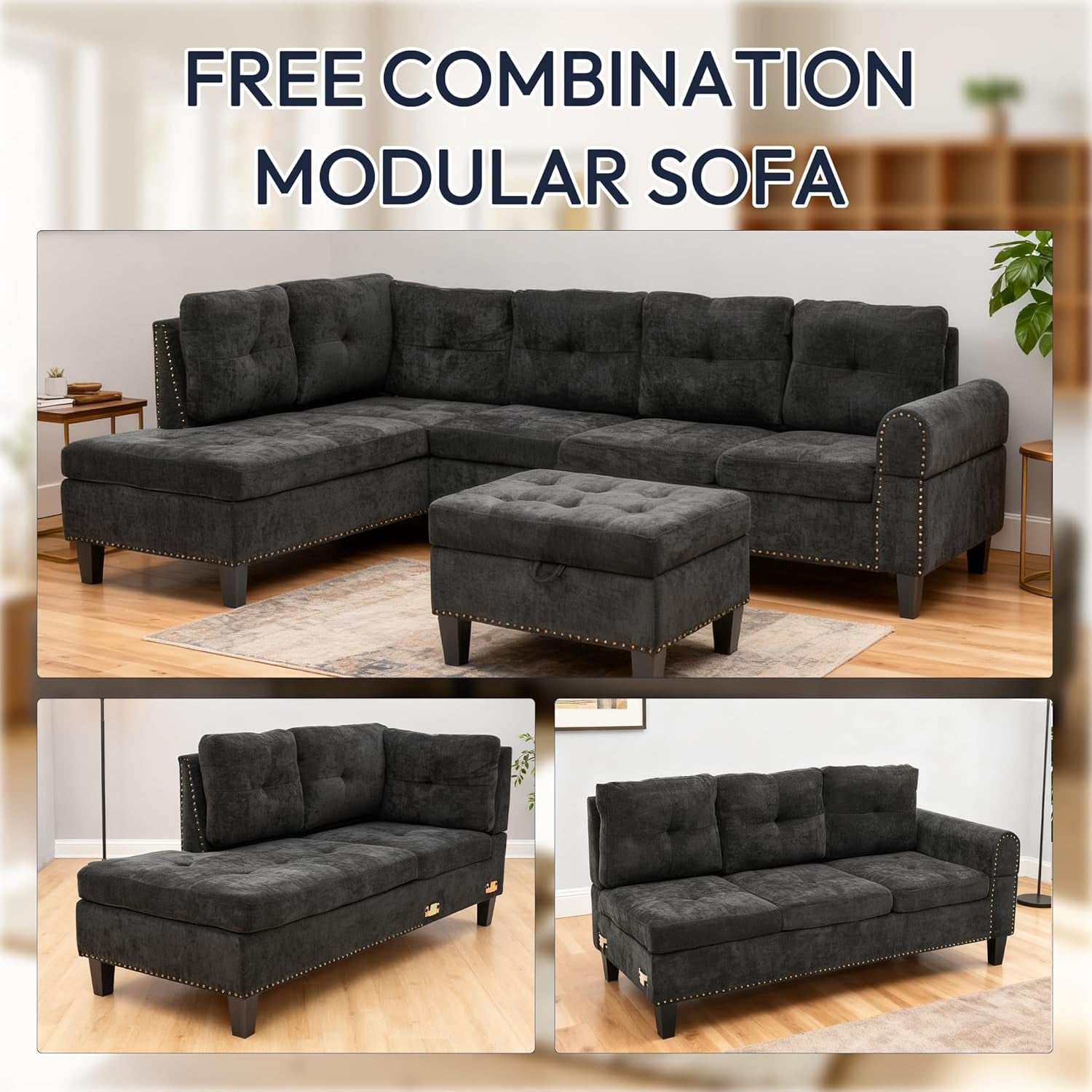 97.5" L Shaped Couch Set, Modular Sectional Couches for Living Room with Storage Ottoman, 4 Seat Home Sofa Living Room Furniture Sets with Chaise for Apartment Office (Linen, Dark Grey)