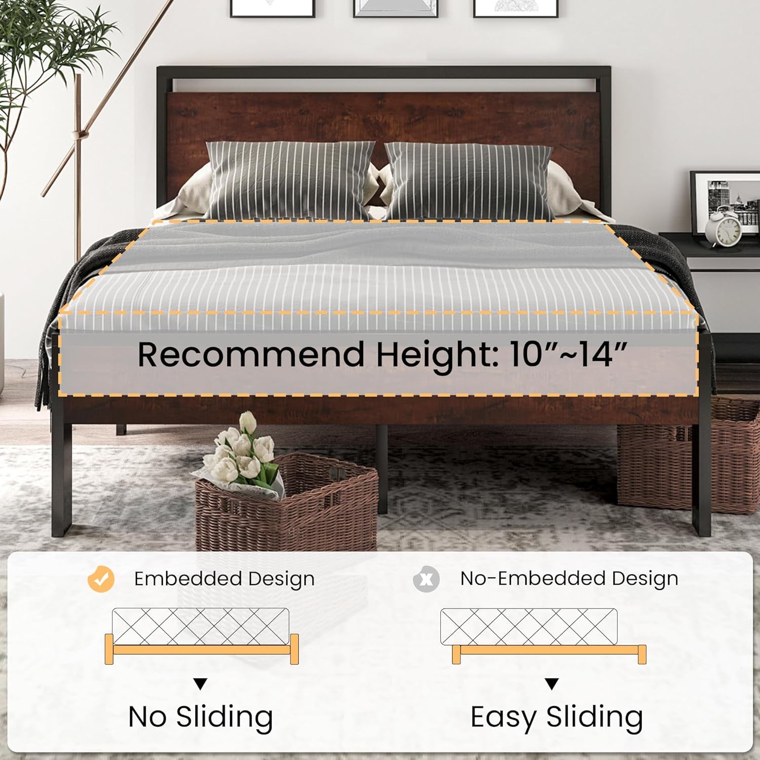 14 Inch Queen Size Metal Platform Bed Frame with Wooden Headboard and Footboard, Mattress Foundation, No Box Spring Needed, Large under Bed Storage, Non-Slip without Noise, Mahogany