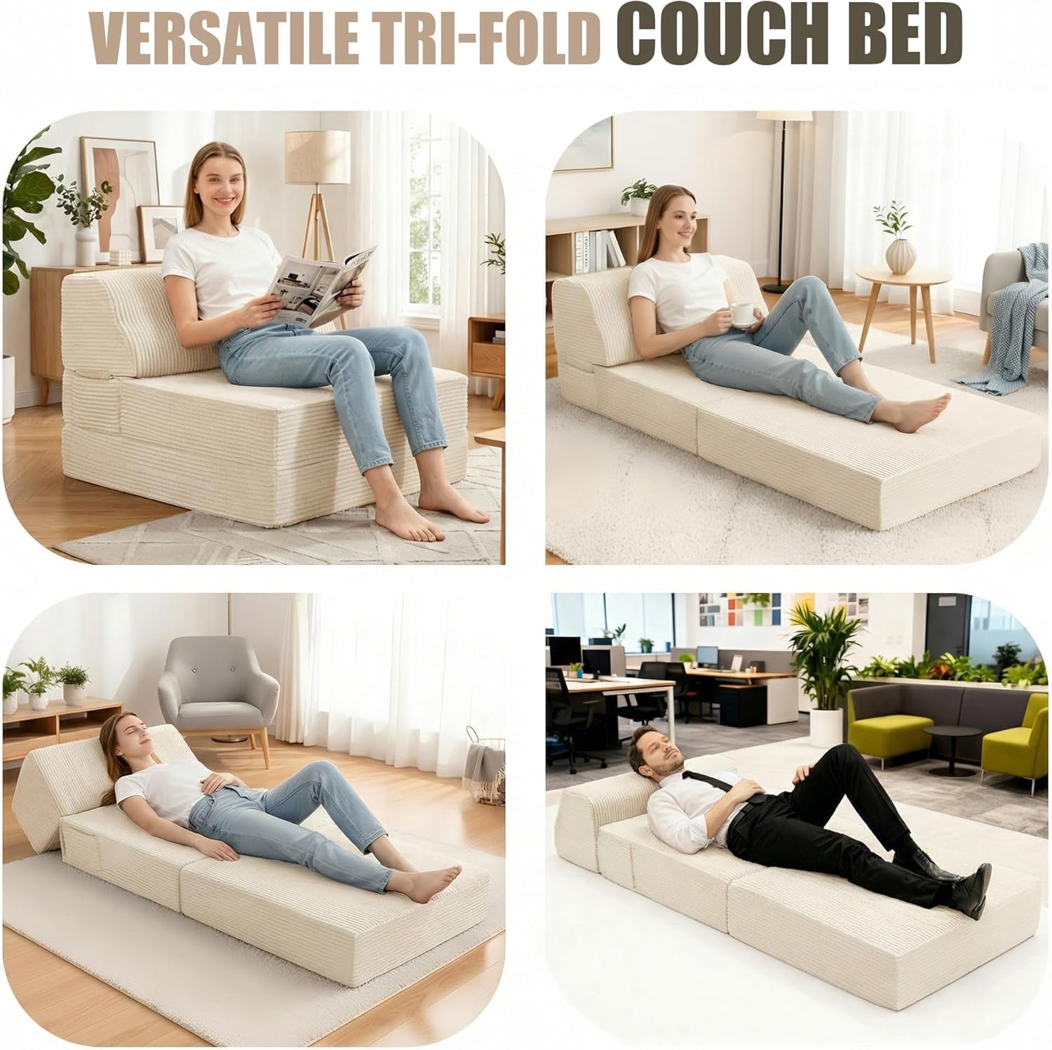 Folding Sofa Bed with Pillow, Memory Foam Fold Out Chair Bed, Convertible Sleeper Chair with Washable Cover, Futon Floor Couch for Living Room/Dorm/Guest Use/Home Office/Apartment, Beige