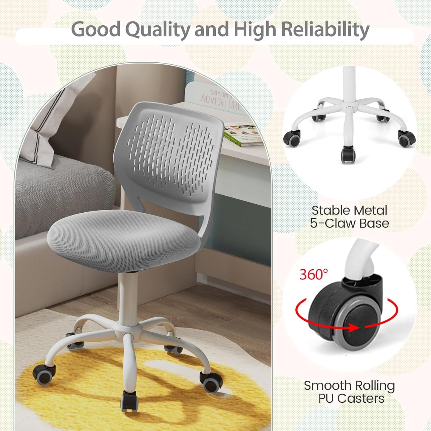 Small Home Office Desk Chair, Swivel Rolling Study Computer Chair, Adjustable Height Task Chair with Armless Mid Back, Upholstered Mesh Seat, Grey