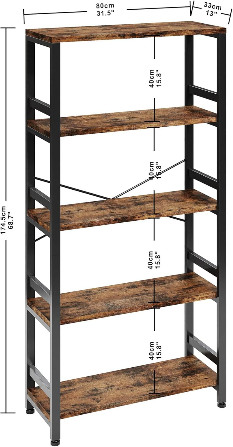 Bookshelves and Bookcases, 31.5In Wide Shelf 5-Tier Ladder Shelf 110Lbs/Shelf Vintage Industrial Style Bookcase for Bedroom Living Room Home, Vintage Brown
