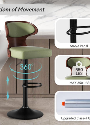 Set of 2 Adjustable Height Bentwood Swivel Bar Stools with Backrest and Footrest - Green PU Leather Upholstered Dining Chairs (24.5-33.5 IN)