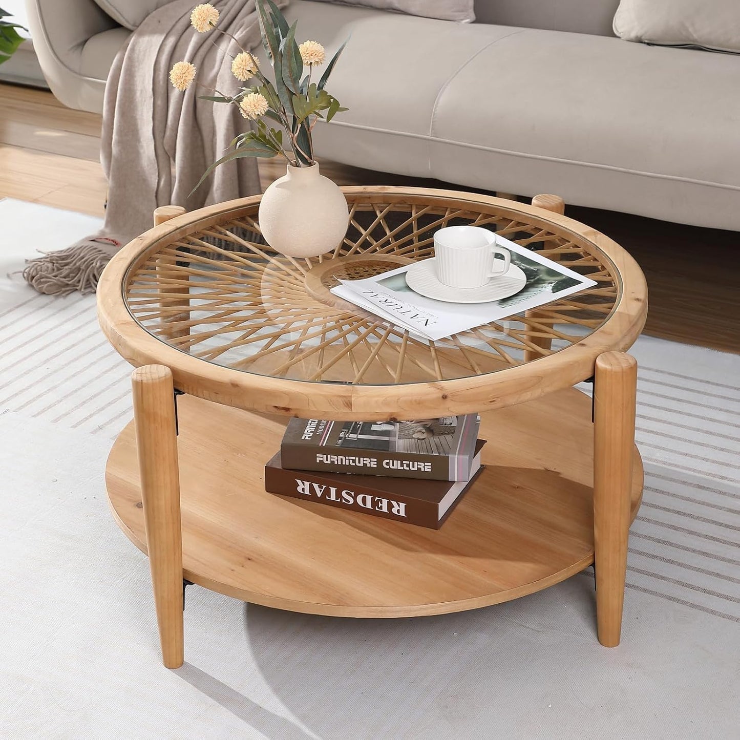 Rattan Coffee Tables,2-Tier round Boho Cocktail Tables, Mid Century Modern Coffee Table with Rattan & Tempered Glass Top and Wood Legs, Sofa Table for Living Room(Natural)