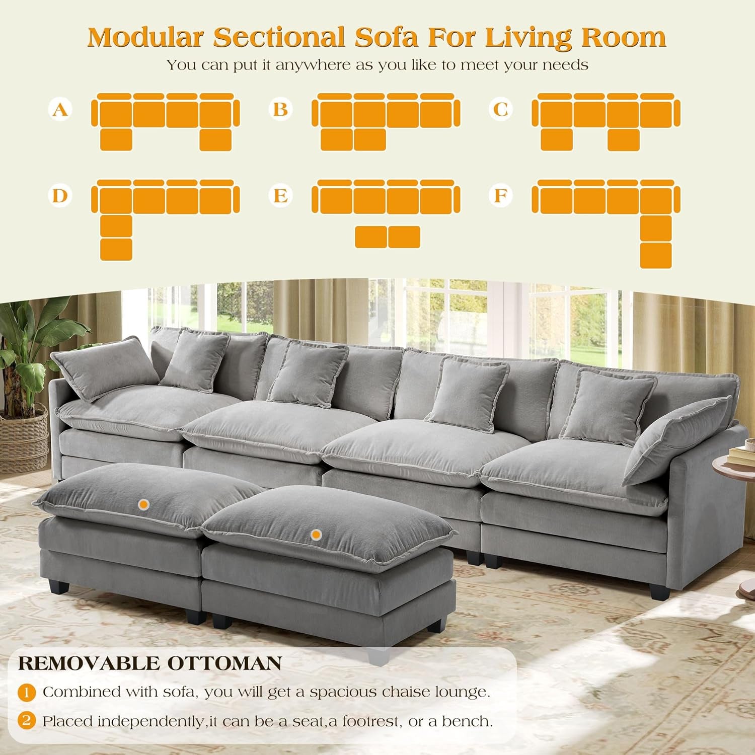 149.2" Modular Sectional Sofa,U Shaped Couch for Living Room,Modern Deep Seat Sofa 3 Seater Chenille Fabric Comfy Cloud Couches with Throw Pillows & Movable Ottoman