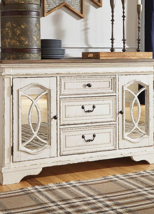Signature Design by Ashley Realyn French Country Distressed Dining Room Server with Three Drawers and Two Cabinet Doors, Wood Construction, 59" W x 17" D x 36.5" H, Chipped White Finish