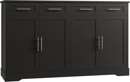 60" Large Buffet Sideboard with Storage, 36" Tall Kitchen Buffet Storage Cabinet with 4 Drawer, Modern Coffee Bar Cabinet with Silver Handle, Long Sideboard Buffet Table for Kitchen, Black