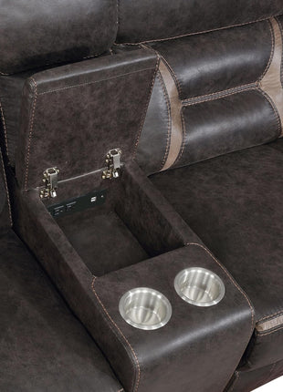 Greer Faux Leather Upholstered Motion Reclining Loveseat with Console, Lift-Top Storage, and Built-In Cupholders for Living Room and Home Theater, Brown