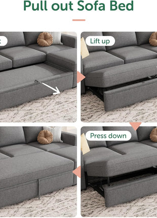 Elegant L-Shaped Modular Sectional Sleeper Sofa with Pull-Out Bed and Integrated Storage in Dark Grey