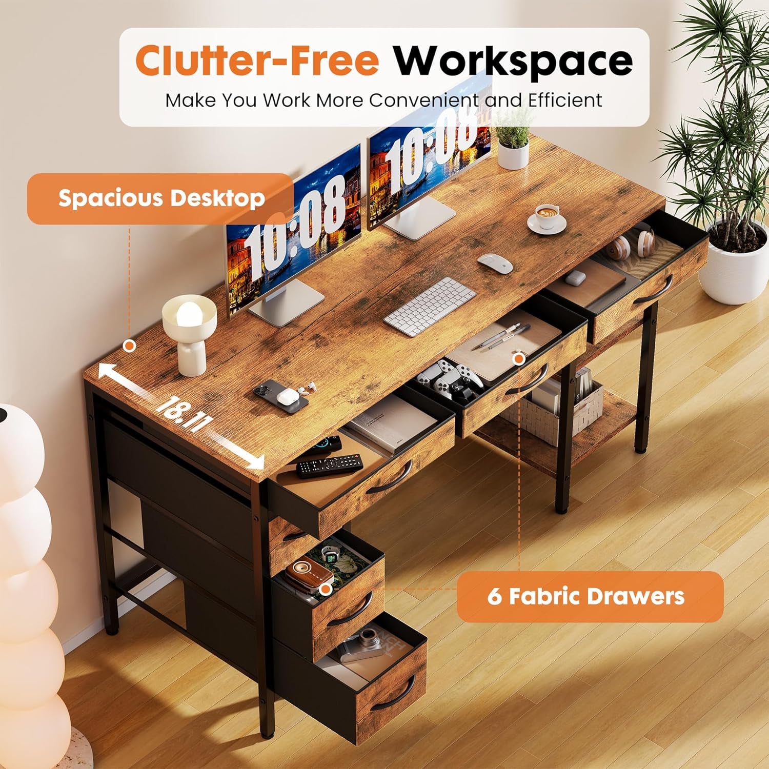 55" Computer Desk with 6 Drawers, Home Office Gaming Desks with Storage Shelves for Bedroom, Writing Study Corner Living Room Work Table Rustic Brown