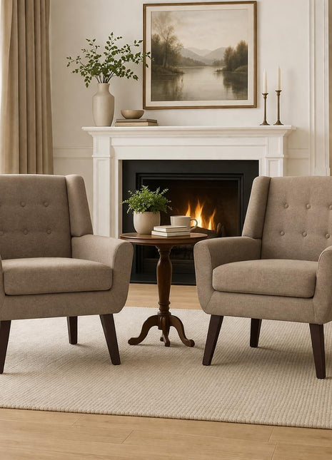 Set of 2 Mid-Century Modern Upholstered Accent Chairs with Button-Tufting and Wooden Legs, Linen Fabric, Brown - Ideal for Living Room and Bedroom