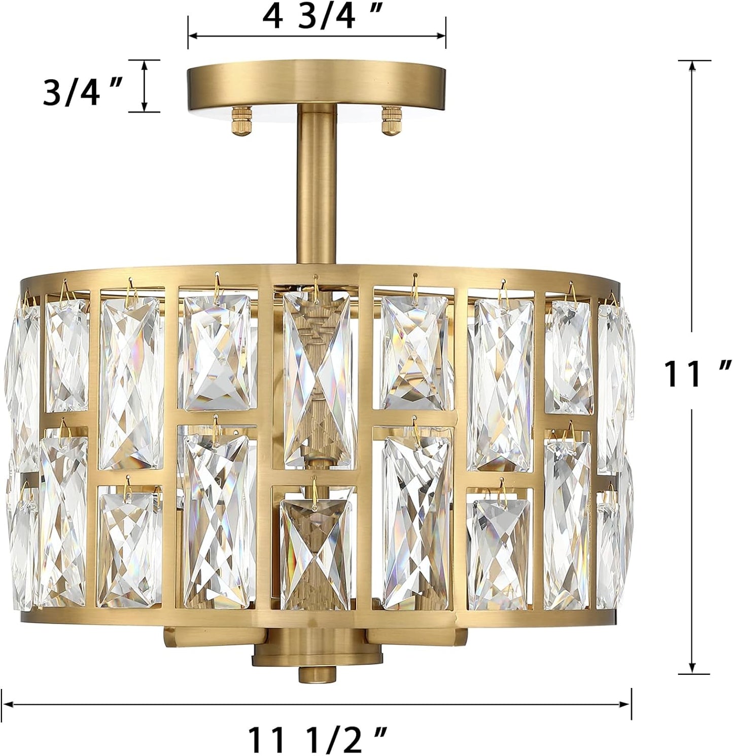 Gold Finish 3LT Crystal Semi Flush Mount Ceiling Light Fixture, Cylinder Drum Shade, Close to Ceiling, Perfect for Kitchen, Dining Room, Bedroom, Living Room, Entryway, Foyer