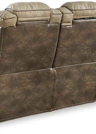 Signature Design by Ashley Next-Gen Durapella Power Reclining Sofa with Wireless & USB Charging, Zero-Gravity Feature, Adjustable Headrest, Water-Repellent Faux Leather, Drop-Down Table in Beige/Brown, 86 Inches