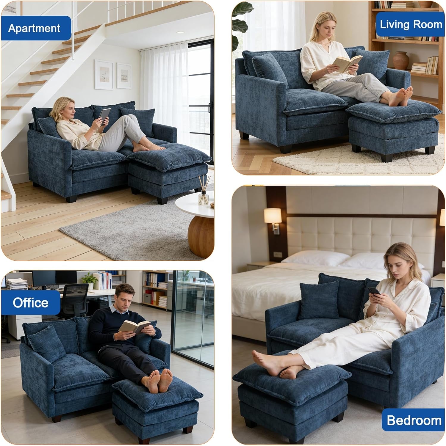 Loveseat Sofa with Ottoman, 50'' Modern L-Shape Cloud Couch Sofa Loveseat with 22'' Ottoman for Small Space/Apartment/Office/Living Room 8834-BLUE-L