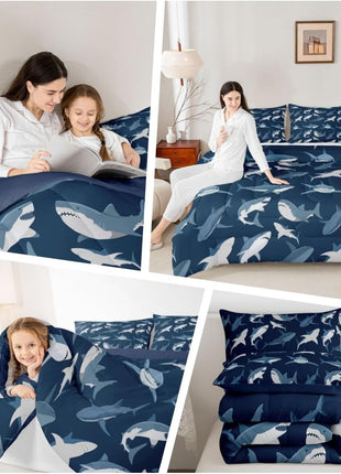 Boys Shark Ocean Sealife Bedding Set - Comforter and Duvet Insert for Kids and Teens, Nautical Marine Life Quilt, Queen Size Navy Blue Bedroom Decor