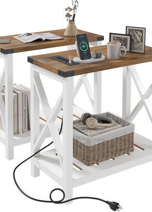 Set of 2 Farmhouse End Tables with Charging Station, Slim Nightstand for Compact Spaces, Storage Shelf, White and Brown Finish