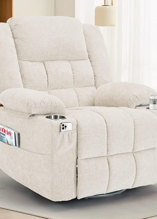 360° Swivel Rocker Recliner Chair for Adults with Massage and Heating Function, Nursery Glider Recliner Featuring Cup Holder, Manual Recliner for Living Room and Bedroom (Fabric, Dark Gray)