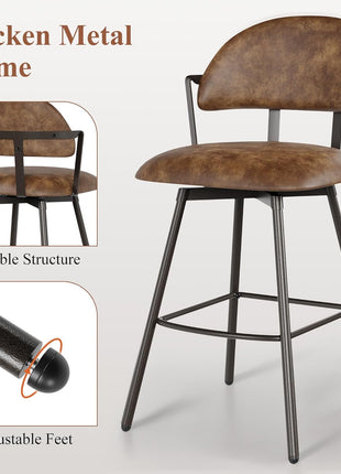 Set of 2 Contemporary 26-Inch Swivel Counter Height Bar Stools with Backs and Metal Legs, Upholstered in Faux Leather for Kitchen Island and Dining Room