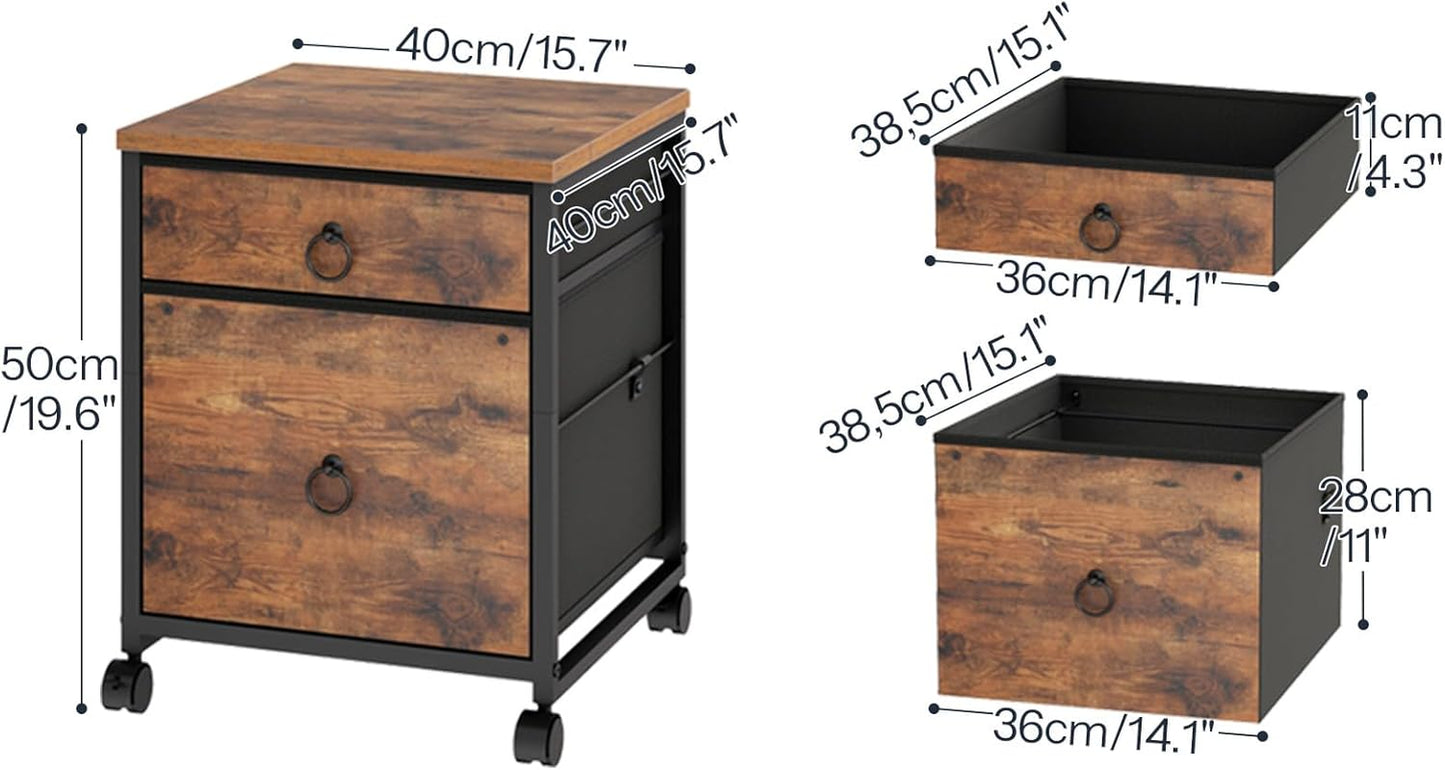 File Cabinet, 2-Drawer Vertical Mobile Office Cabinet, Rolling Printer Stand, for A4/Letter Size Files, Nonwovens Drawer, for Home Office, Rustic Brown BF21WJ01