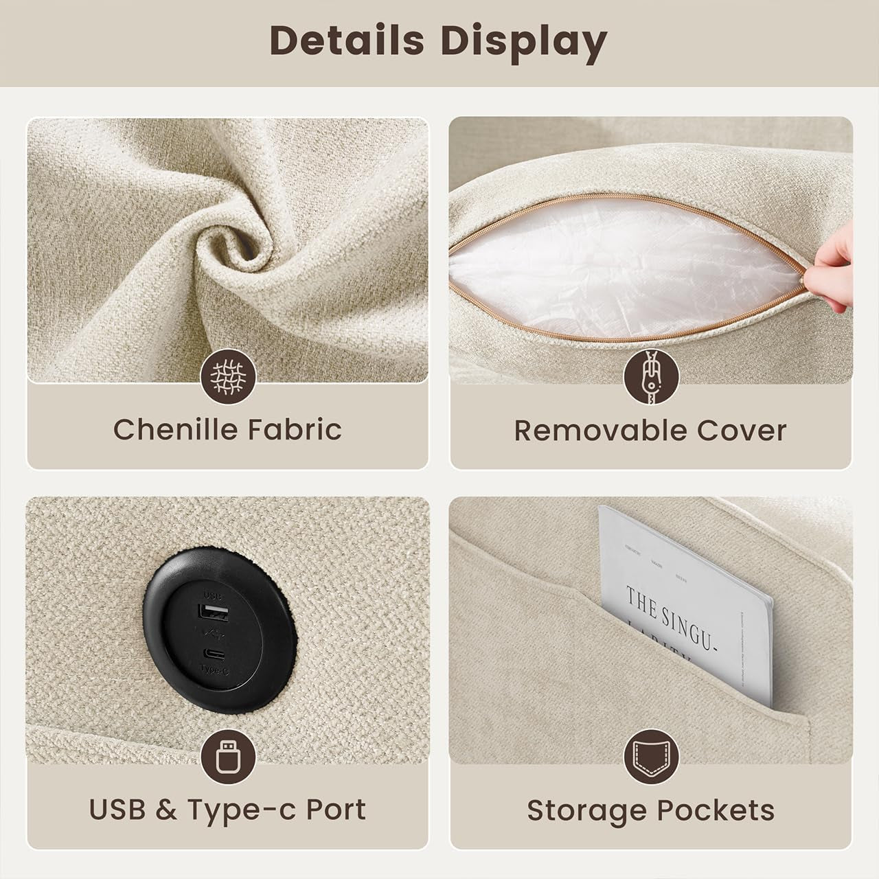 99" L-Shaped Sectional Couch with Storage, Sofa with Reversible Chaise, USB Type-C Charging, Chenille Fabric, Removable Cushion Covers, for Small Space, Apartment, Living Room, Beige