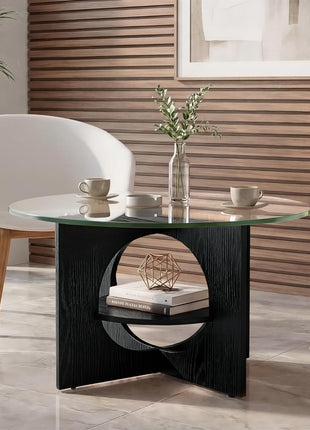 Contemporary Round Coffee Table with Dual-Tier Glass Design and Storage, Versatile Centerpiece for Living Room, Office, and Lounge, Black