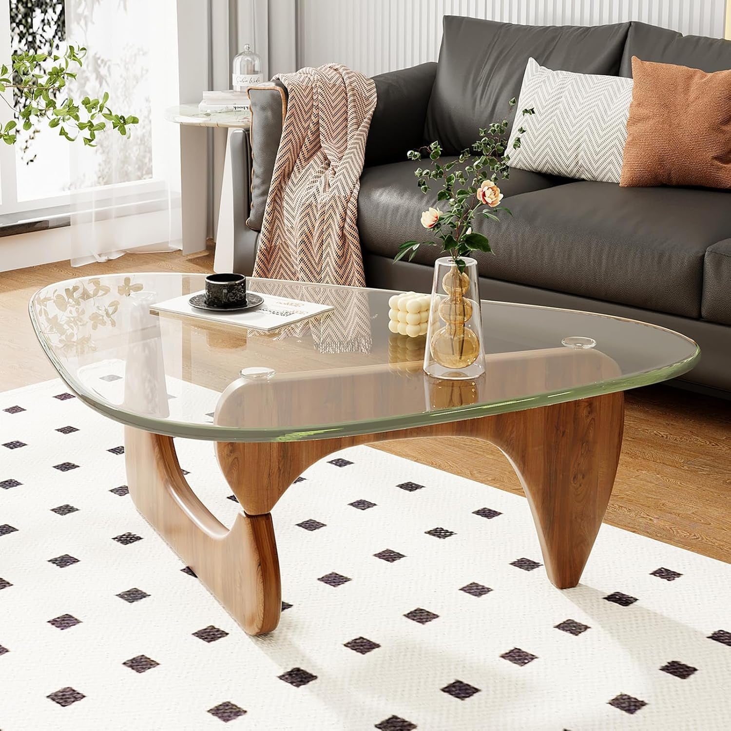 Coffee Table for Living Room Mid Century Modern Center Table with Glass Top, Walnut Transparent