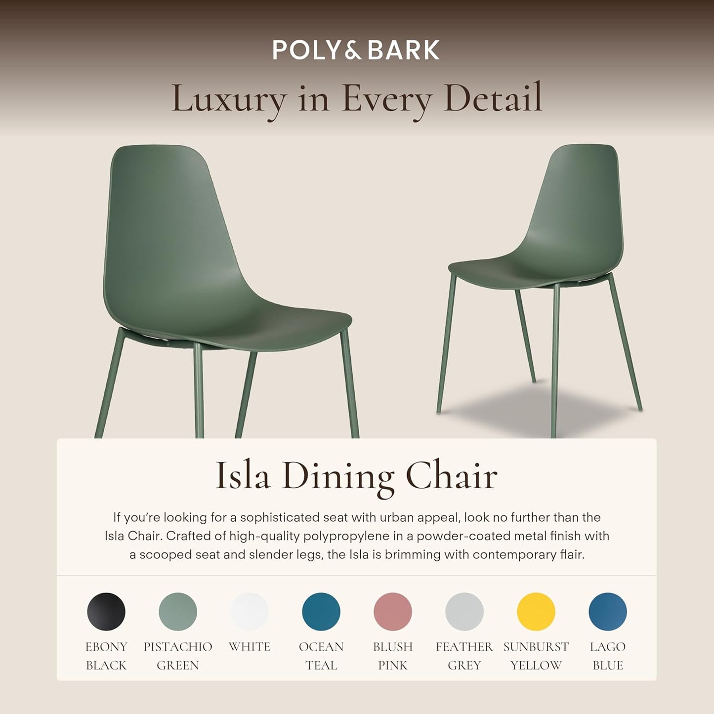 Isla Modern Kitchen Chairs Set of 4 - Plastic Dining Chair with Metal Legs - Quick Assembly Simple Cafe Chairs Plastic for Indoor or Outdoor - Pistachio Green