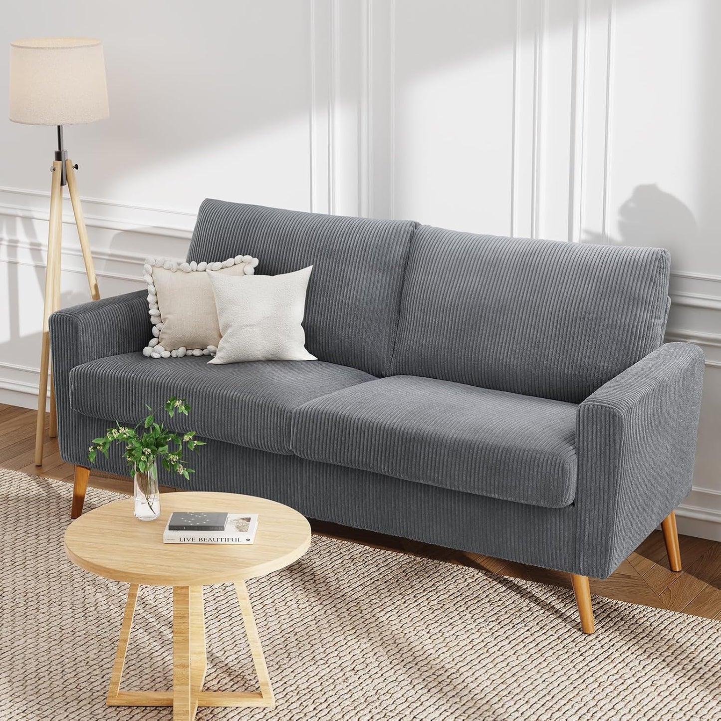 68" Loveseat Sofa Grey Corduroy Couch, Mid Century Modern Love Seat Couches for Living Room, Small Loveseat for Bedroom Office, Comfy Sofa with Spring Cushion, Solid Wood, Tool-Free Assembly