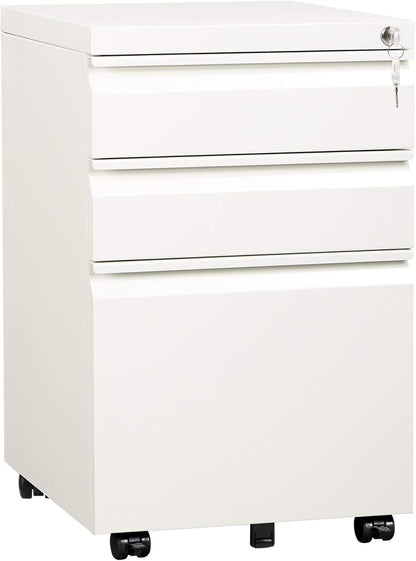 3 Drawer Mobile File Cabinet with Lock, under Desk Metal Filing Cabinet for Home Office/Legal/Letter/A4 File, Fully Assembled except Wheels, White