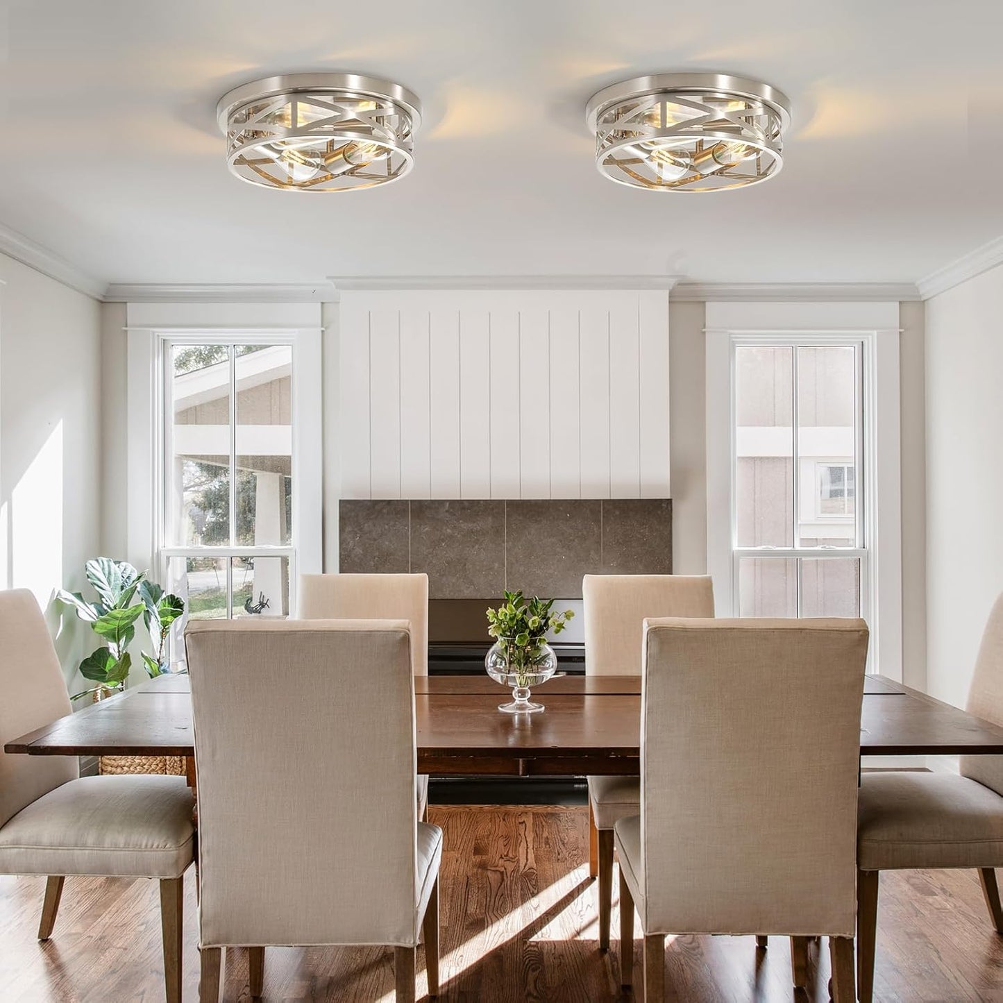 3-Light Close to Ceiling Light Fixtures, 13 Inch Brushed Nickle Flush Mount Ceiling Light Modern Indoor Metal Cage Cross Ceiling Lights for Kitchen Bedroom Laundry Bathroom Foyer Hallway Office