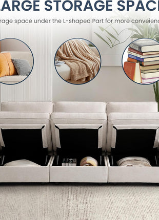 100-Inch Modular Sofa with Storage Seats, Comfortable 3-Seater Chenille Fabric Couch for Living Room, Office, Apartment with Deep Seating, Wide Arms, Side Pockets, USB Ports, and Removable Upholstered Covers in Beige