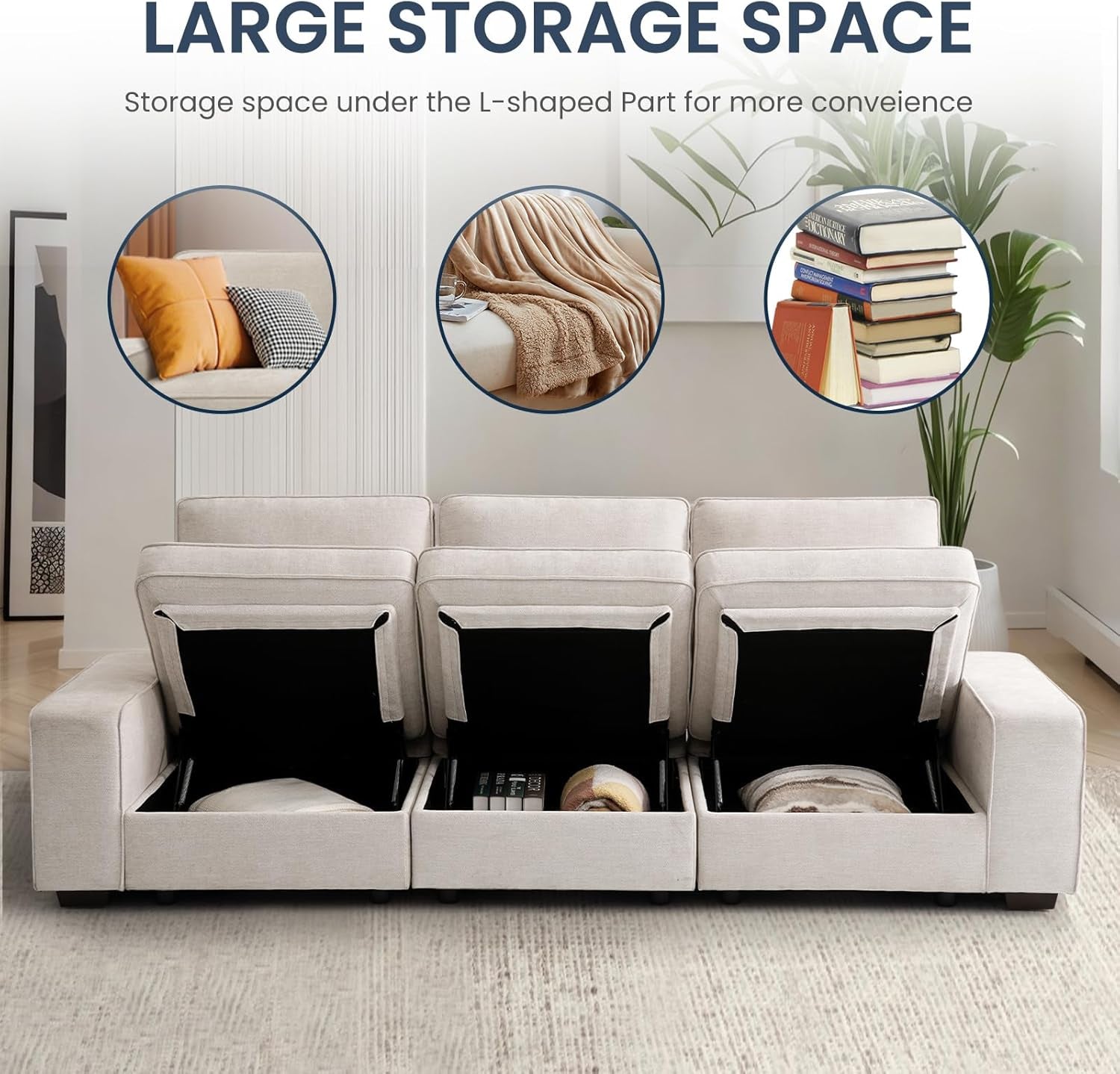 100" Modular Sofa with Seats Storage, Comfy 3-Seater Chenille Fabric Couch for Living Room, Office, Apart W/Deep Seat, Wide Arms, Side Pockets, USB, Upholstered Couch W/Removable Cover