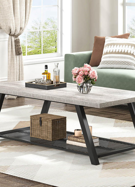 Rustic Industrial Coffee Table with Storage, Modern 47-Inch Rectangle Design in Light Grey for Living Room