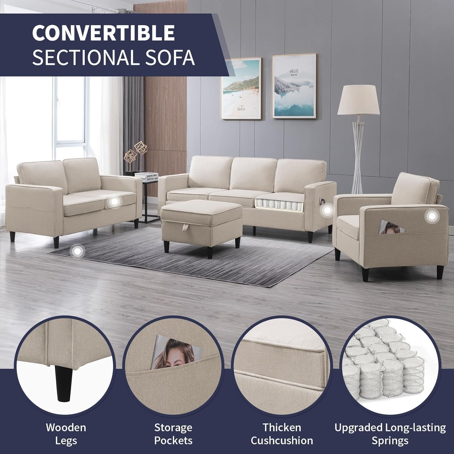 3PCS Sectional Sofa Set W/Ottoman,Modern Linen 6 Seater Couch Set with Movable Storage Ottoman & Side Pockets,3 Seat L Shaped Couch Loveseat and Armchair Living Room Furniture(3+2+1Seat/Beige)