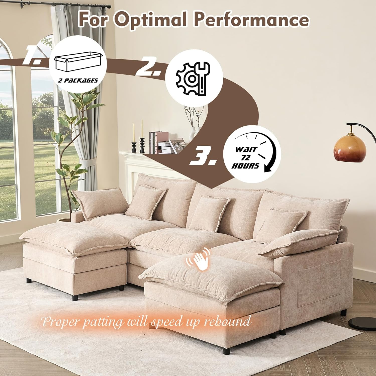 108" U Shaped Couch, Modular Sectional Sofa, 3-Seater Comfy Cloud Couch, Set of Modular Pieces with Movable Ottoman, Deep Seat Couches for Living Room, Chenille, Flat White