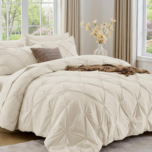 Queen Comforter Set, 7-Piece Bed in a Bag, Pintuck Bedding Sets for All Season, Includes Comforter, Flat Sheet, Fitted Sheet, Pillowcases and Pillowshams, Beige