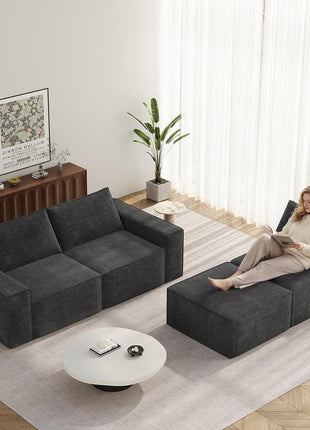 114" Modular Boneless Sofa: Modern 3-Seat Sectional with Ottoman, Deep Seats, and Convertible Chenille, Dark Grey - No Assembly Required